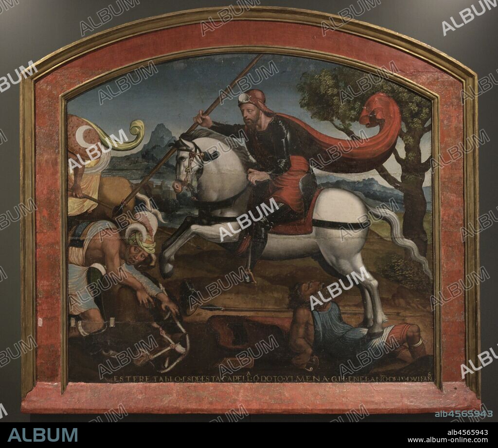 Battle of Clavijo (844). According to tradition, the king of Asturias Ramiro I, helping by the Apostle Saint James mounted on a white horse, defeated a Muslim army led by the Emir of Cordoba Abd-al-Rahman in Clavijo. Saint James in the Battle of Clavijo. Mid 16th century. Painting attributed to Juan de Borgo–a de Toro (1494-1536). Museum of Pilgrimage and Santiago. Santiago de Compostela, Galicia, Spain.