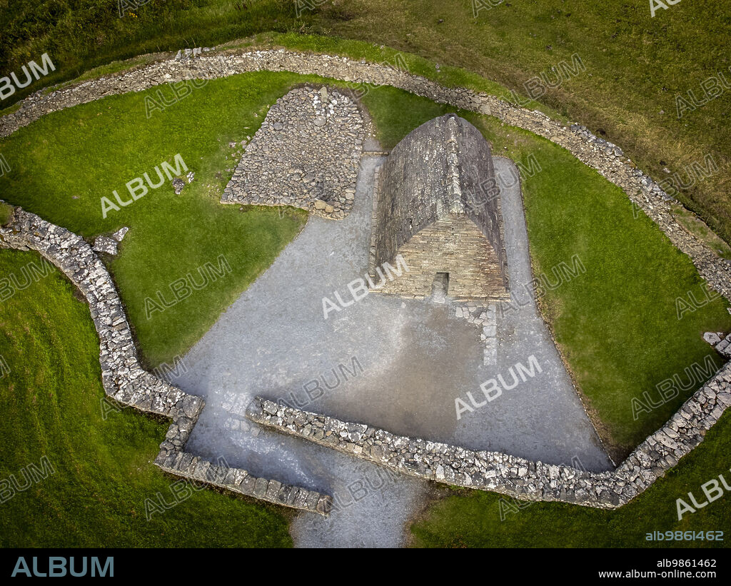 Gallarus Oratory aerial view (Séipéilín Ghallarais), early Christian church, Dingle Peninsula, County Kerry, Ireland, United Kingdom.