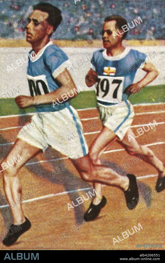 Finnish runners Ville Ritola and Paavo Nurmi, 1928. Ritola (1896-1982) won five Olympic gold medals and three Olympic silver medals. Nurmi (1897-1973) won nine gold and three silver medals in twelve events in the Olympic Games. At the 1928 Summer Olympics, held in Amsterdam, Ritola won gold in the men's 5,000 metres, and Nurmi won gold in the men's 10,000 metres. From "Die Welt in Bildern", (The World in Pictures), cigarette card album, c1928. [Georg A Jasmatzi, A.-G., Dresden, Germany].