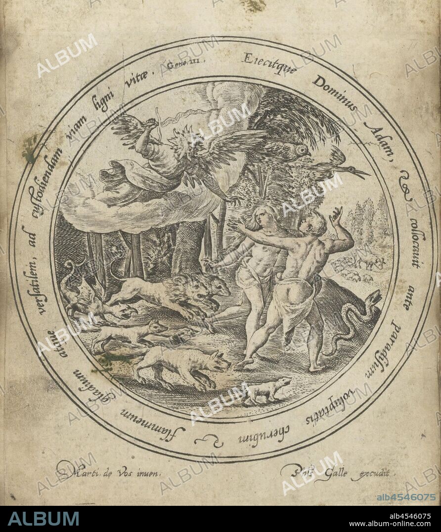 Expulsion from Paradise, The angel drives Adam and Eve out of paradise with his sword. God handed Adam and Eve clothes of animal skins to cover their nakedness. In the margins of the frame a Bible quote from Gen. in Latin. The print is part of an album, an angel chases Adam and Eve out of paradise with a (flaming) sword, Crispijn van de Passe (I), Antwerp, 1580 - 1588, paper, engraving, h 120 mm × w 94 mm.