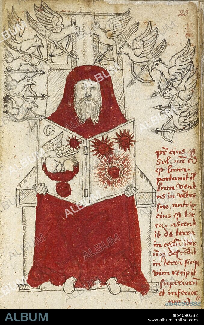 Personification of the Sun. An illustration relating to the Philosopher's Stone. The seated figure represents the Sun; his red robe the colour of fire. The bird on the book represents a phoenix which rises from the fire. The birds carrying bows and arrows surrounding the throne in a semi-circle may represent the sun's rays as being piercing. England?; 16th century. Source: Sloane 1171, f.23. Language: Latin and English.