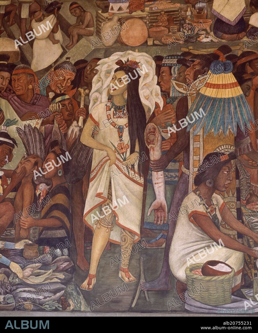 DIEGO RIVERA. TABLERO - MERCADO DE TLATELOLCO - DETALLE DE MUJER TATUADA - FRESCO SIGLO XX.
