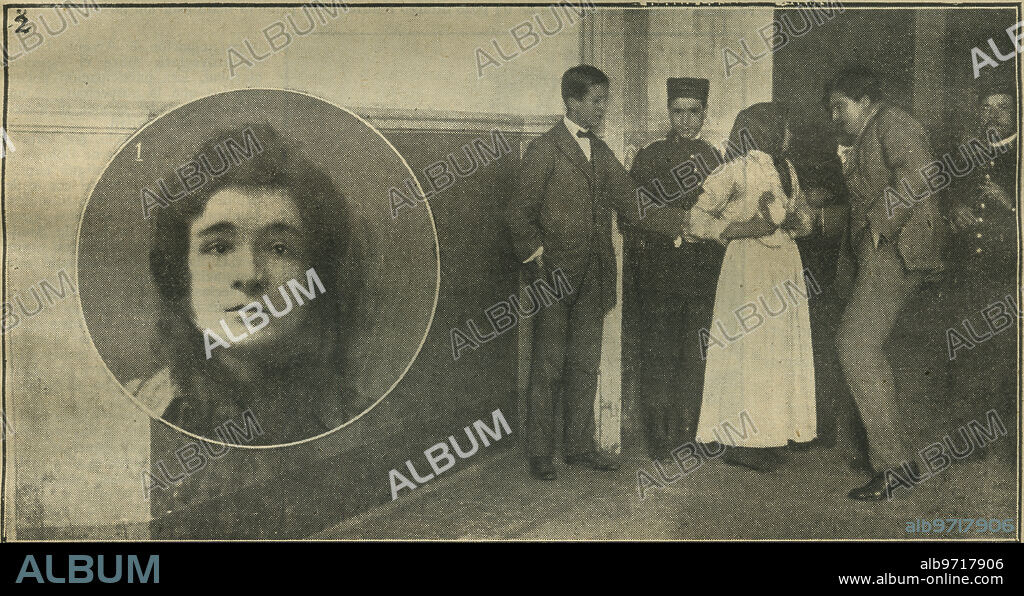 Barcelona, marzo de 1912. Enriqueta Martí Ripoll, la secuestradora conocida más tarde como «La vampira del Raval», en el círculo izquierdo y al ser conducida al calabozo tras declarar ante el juez instructor de su proceso.