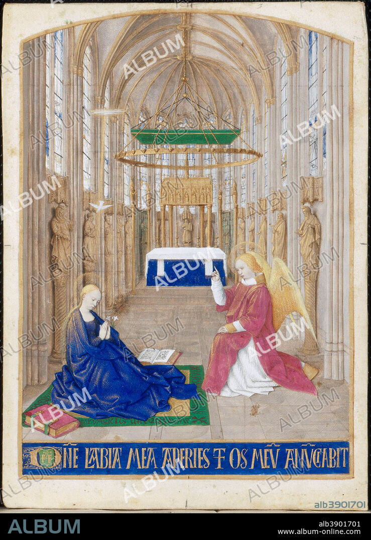 JEAN FOUQUET. L'Annonciation, miniature tirée des Heures d'Étienne Chevalier. Office du Saint-Esprit, matines. Date/Period: Between ca. 1452 and ca. 1460. Illumination. Illumination on parchment. Height: 16.5 cm (6.4 in); Width: 12 cm (4.7 in).