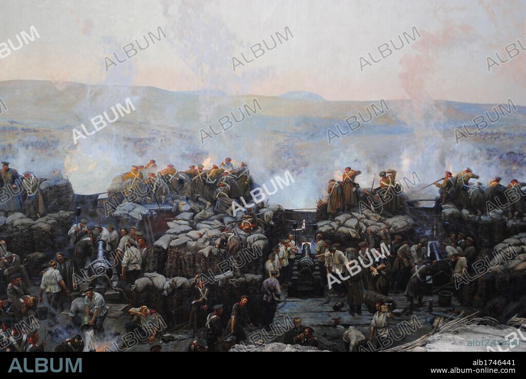GUERRA DE CRIMEA (1853-1856). Conflicto bélico entre el Imperio Ruso y la alianza de Reino Unido, Francia, el Imperio Otomano y el Reino del Piamonte. Cuadro panorámico obra de Francisco RUBO (1856-1928). "SITIO DE SEBASTOPOL, 1854-1855". La ciudad a orillas del Mar Negro, fue sitiada durante 11 meses. El cuadro mide 1610 metros cuadrados de superficie. Detalle. Museo de la Heroica Defensa y Liberación de Sebastopol. Península de Crimea. Ucrania.