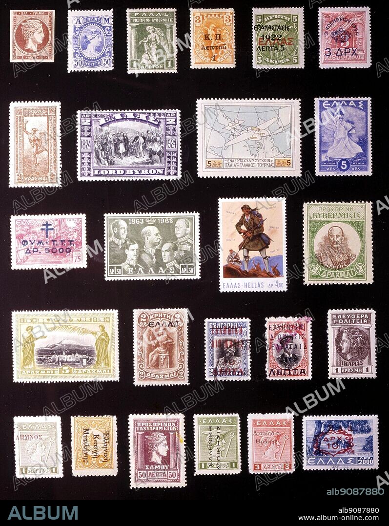 EUROPE - GREECE: (left to right) 1. 1 lepton, 1861, 2. 50 lepta, 1902, 3. Provisional Government, 1 lepton, 1917, 4. 3 + 1 lepta, 1917, 5. 5 lepta, 1923, 6. 3 drachmae, 1935, 7. 2 drachmae, 1901, 8. 2 drachmae, 1924, 9. 5 drachmae, 1926, 10. 5 drachmae, 1937, 11. 5,000 drachmae, 1944, 12. 1.50 drachmae, 1962, 13. 4.50 drachmae, 1968, 14. Crete, 2 drachmae, 1905, 15. Crete, 5 drachmae, 1905, 16. Crete, 2 drachmae, 1908, 17. Cavalla, 10 lepta, 1913, 18. Dedeagatz, 10 lepta, 1913, 19. Icaria, 1 drachma, 1912, 20. Lemnos, 1 lepton, 1912, 21. Mytilene, 5 paras, 1912, 22. Samos, 50 lepta, 1912, 23. Greek Occupation, 1 lepton, 1912, 24. Thrace, 3 lepta, 1920.