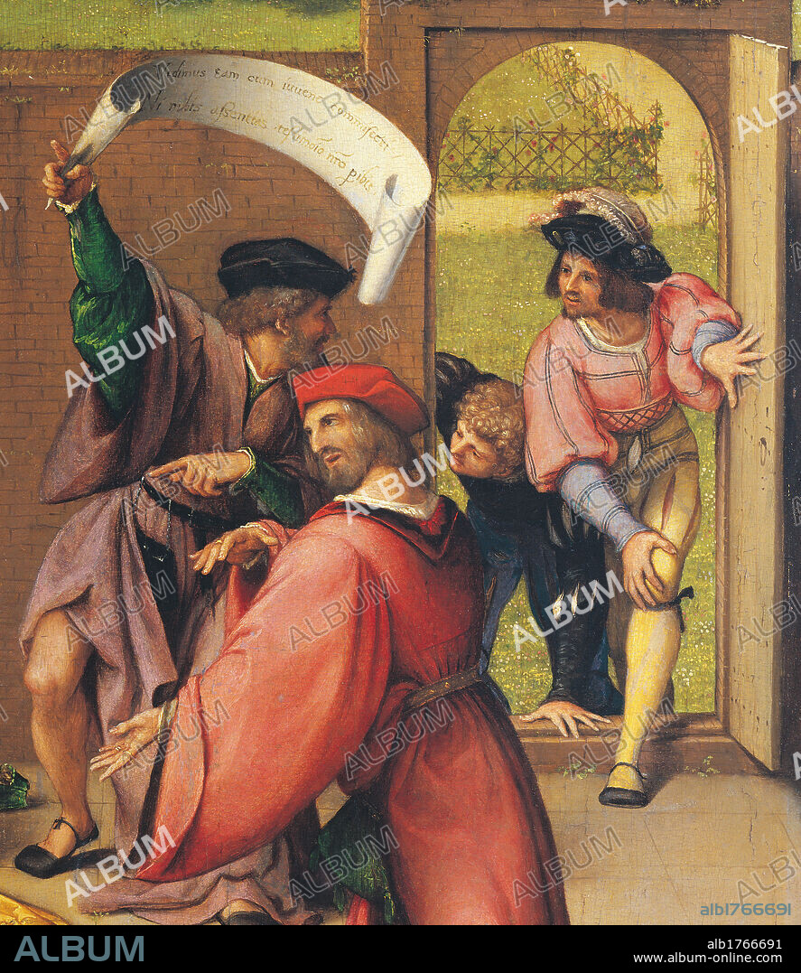 Susanna and the Elders, by Lotto Lorenzo, 16th Century, 1517, oil on panel, cm 66 x 51. Italy, Tuscany, Florence, Uffizi Gallery. Detail. Two bearded men with tunic and hat point at servants coming from behind the wall, Susanna. Cartouche with accusation against the girl. Authorization required for non editorial use.