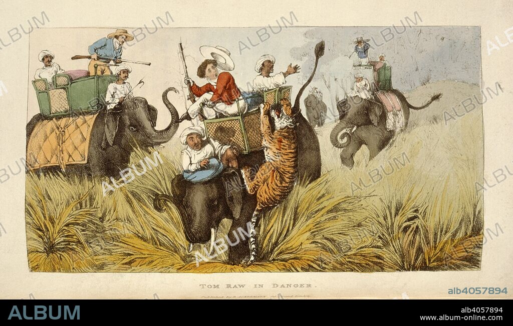 SIR CHARLES D'OYLY. Tom Raw riding an elephant, and being attacked by a tiger. Tom Raw the Griffin; a burlesque poem, in twelve cantos: illustrated by twenty five engravings, descriptive of the adventures of a Cadet in the East India Company:s service a Civilian and an Officer on the Bengal Establishment [Sir C. D:Oyly]. London, 1828. Source: C.119.d.25, opposite 237.