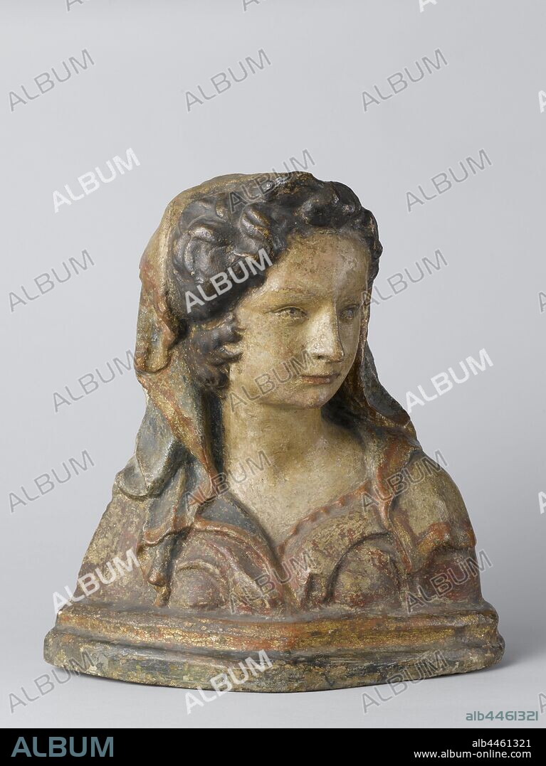 Bust of a young woman, Bust of a young woman of polychrome and gilded stucco, placed on a profiled skirting. The face is turned three-quarters to the left, on the wavy hair a headscarf, her dress opened at the neck., Jacopo della Quercia (school of), Siena, c. 1400 - c. 1500, stucco, h 41.5 cm × w 39 cm × d 19 cm × w 10.4 kg.