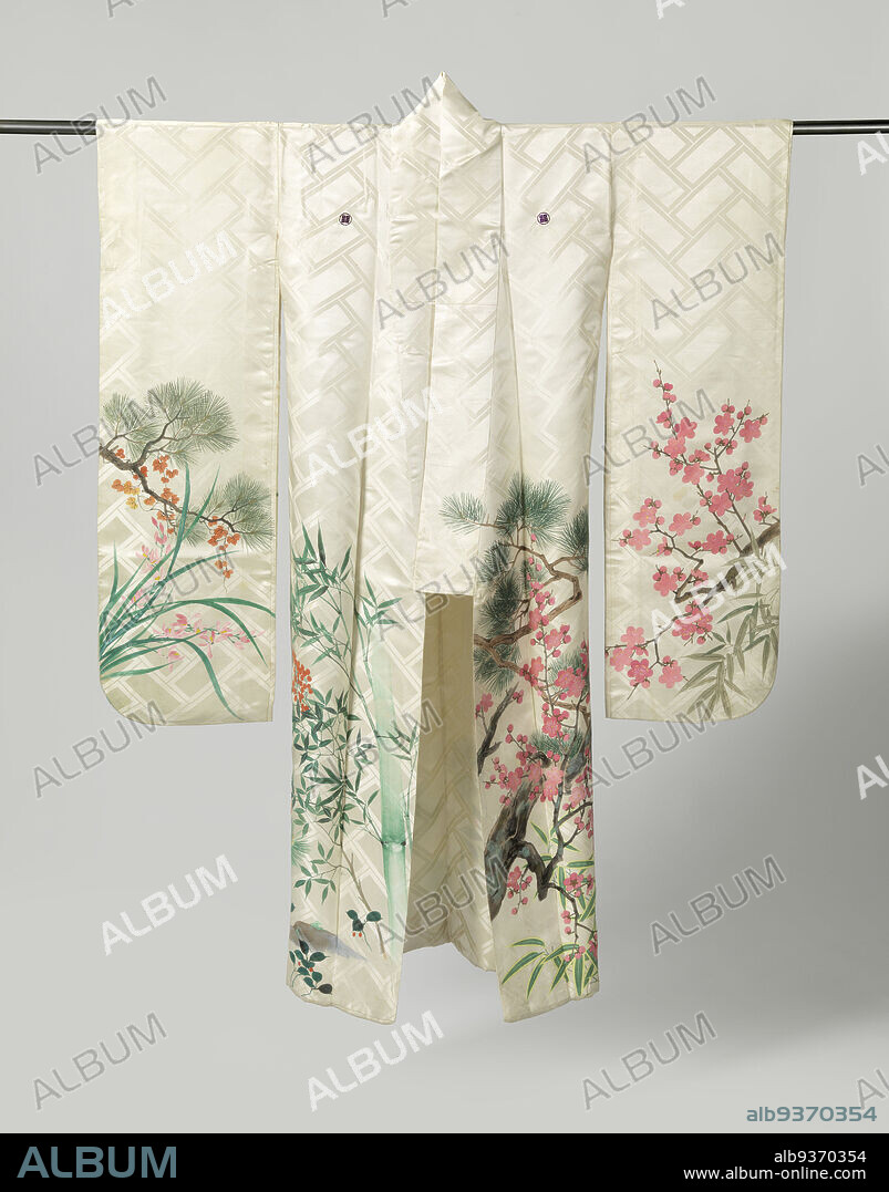 Kimono for an Unmarried Woman (furisode) for New Year, Furisode with New Year Plants, Formal long-sleeved kimono for an unmarried young woman (furisode), on the lower edge of sleeves, front and back decorated with the three friends of winter: pine, (two species) bamboo and (red) plum blossom. In addition, red asters, nandina domestica (heavenly bamboo) and ardisia japonica, both with red berries. The ensemble refers to New Year. White damask woven silk with painted yuzen decoration in different shades of red, green and brown. Lining of white silk. Five family arms (mon) of four squares in a circle (meyui)., maker: anonymous, Japan, 1920 - 1940, silk, painting, height 163 cm × width 130 cm.