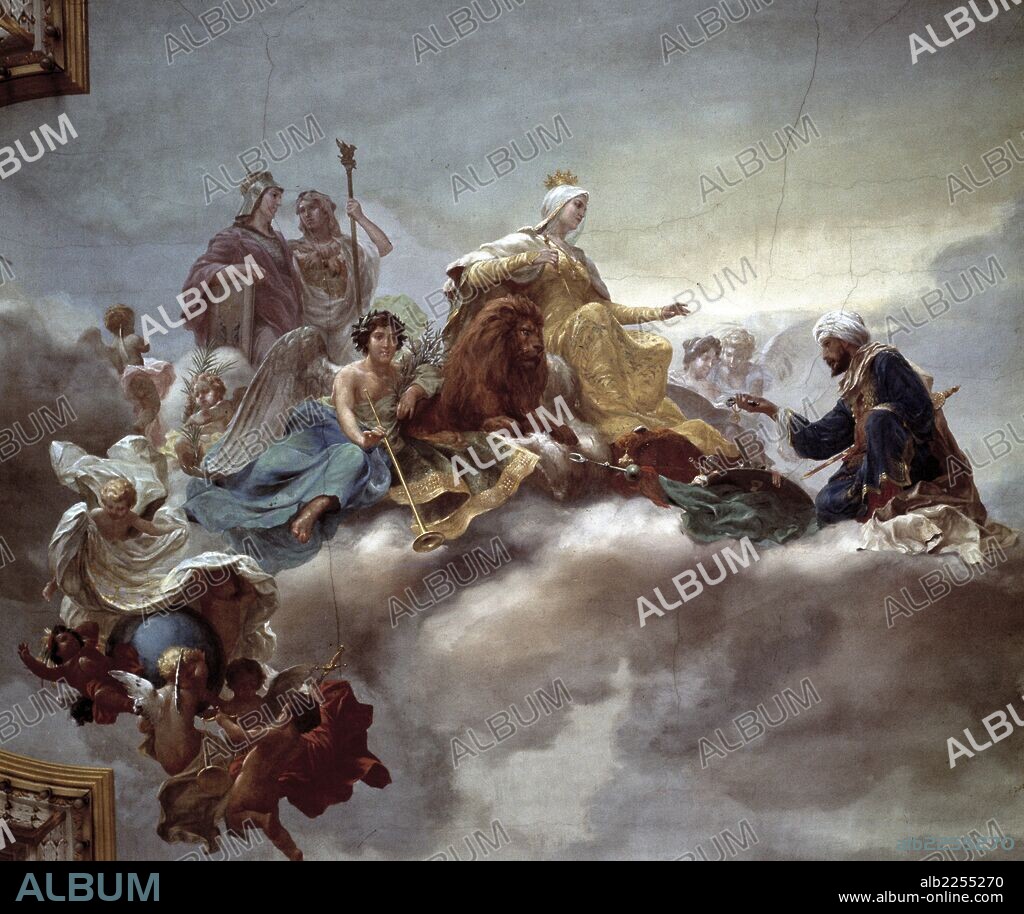 HISTORIA DE ESPAÑA. SIGLO XV. ISABEL LA CATOLICA. RENDICION DE GRANADA. ISABEL LA CATOLICA RECIBE LAS LLAVES DE GRANADA DEL ULTIMO REY MORO BOABDIL. PINTURA AL FRESCO EN LA EMBAJADA DE ESPAÑA EN ROMA.