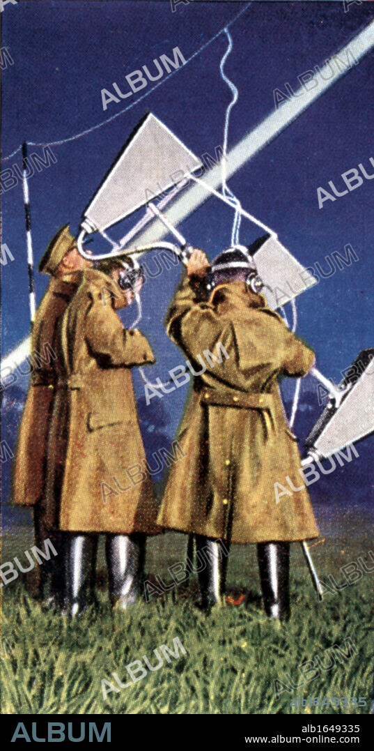 Air Raid Precautions: Set of 50 cards issued by WD & H0 Wills, Britain 1938, in preparation for the anticipated coming of World War II. Anti-Aircraft Sound Locator which was used to aid searchlight operators to pick out enemy aircraft.