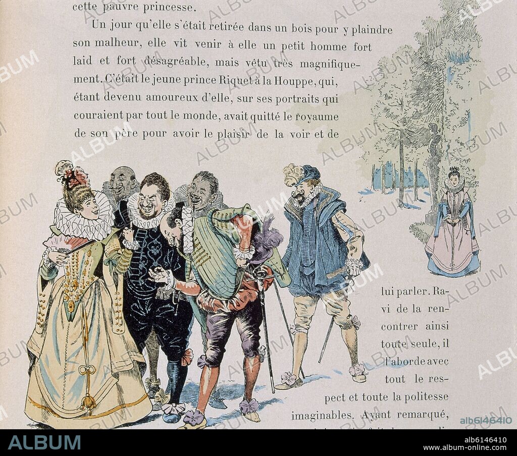 JACQUES ONFROY DE BREVILLE-JOB (1858-1931). MUJER CON CABALLEROS - DIBUJO PARA RIQUETE EL DEL COPETE - CUENTO DE PERRAULT.