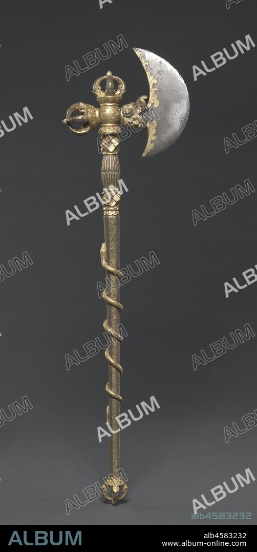 Ritual Axe, c. 1407-1410. Ceremonial weaponry was used in tantric rituals to combat obstacles to enlightenment, such as ignorance, delusions, and selfishness. In 1407, a high-ranking Tibetan monastic patriarch visited the emperor of the Ming dynasty, known as Yongle. The Yongle emperor presented him with a number of gifts, of which this ritual axe was probably a component, since the axe bears his identifying inscription in a cartouche. Imperial Chinese workmanship is noted in the lush rendering of the lion heads from which the blades emerge, the calligraphic serpentine forms, and the cloud motifs.