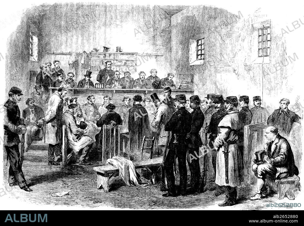 Irlanda. Proceso de los fenianos, nacionalistas irlandeses opositores al dominio británico, delante del tribunal de Killmallock. Grabado de 1867.