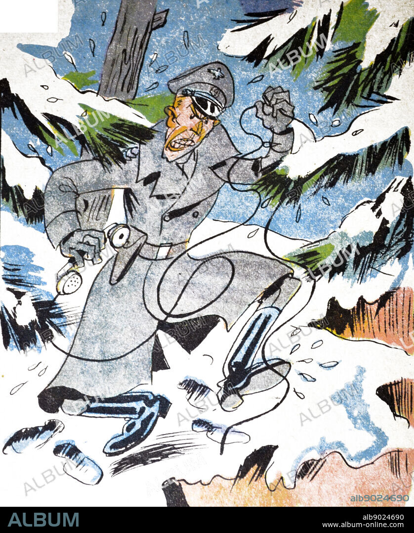 Illustration by Loys Petillot celebrating the struggle for liberty in Alsace & Lorraine at the end of world war Two. A German officer is enraged as he runs out in the snow holding a telephone which has had its wire cut by resistance fighters.