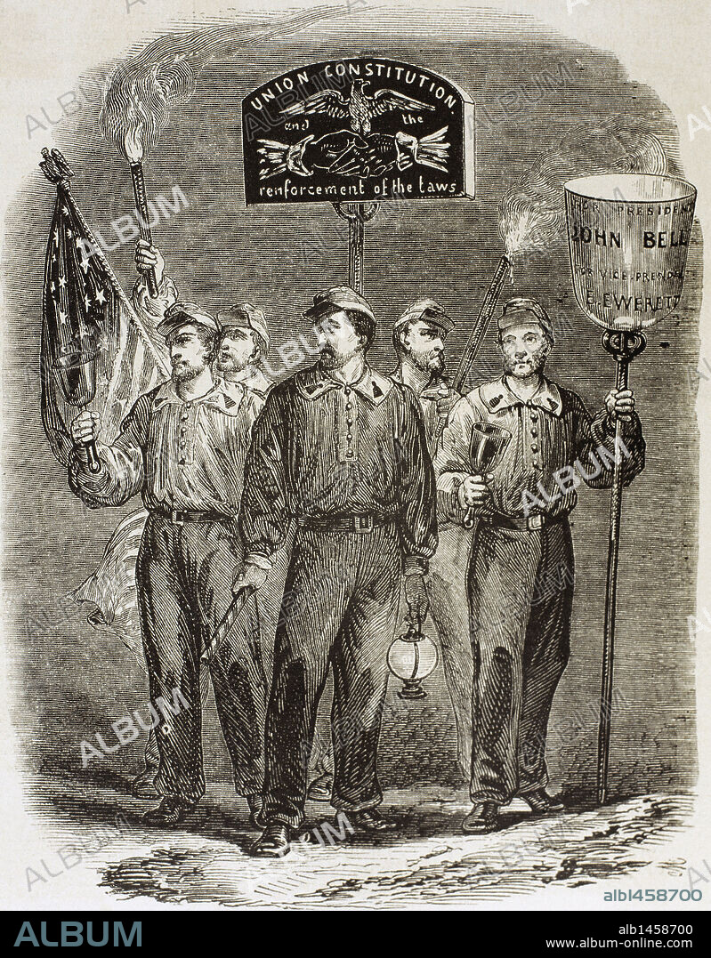United States. Party supporters of John Bell, candidate of the Constitutional Union Party. Engraving from "L'Illustration Journal Universel, 1860.