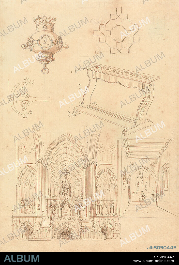 Designs for Gothic Ornamentation, a Kneeler, and Two Sketches of the Interiors of Gothic Churches, Augustus Welby Northmore Pugin, 18121852, British, Augustus Charles Pugin, 17621832, French, undated, Pen and brown ink, brown wash, and graphite on moderately thick, moderately textured, beige wove paper, Sheet: 11 1/8 × 7 7/8 inches (28.3 × 20 cm), architectural subject, churches, designs, Gothic (Medieval), interiors, kneelers (religious building fixtures), ornamentation.
