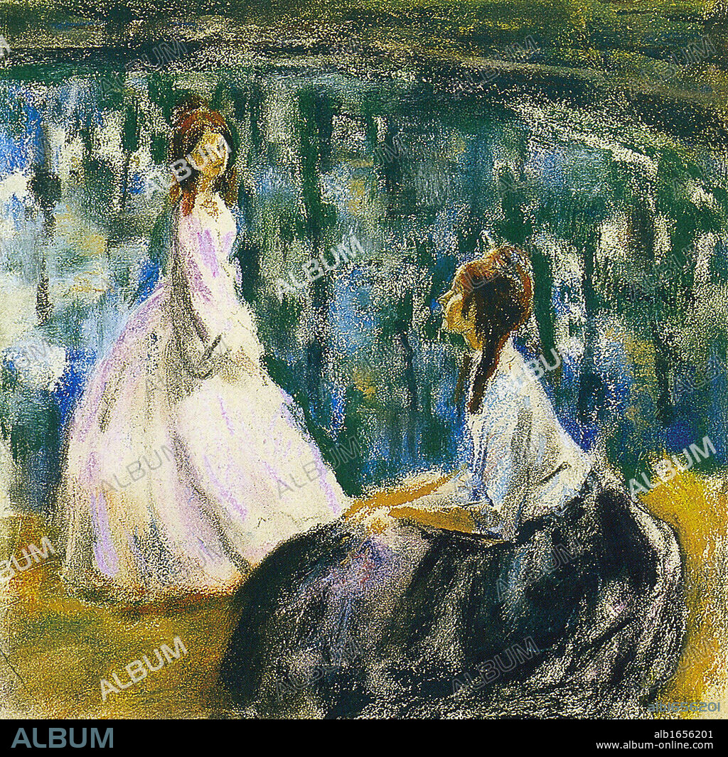 The Pool' (study), 1902. Victor Elpidiforovich Borisov-Musatov (1870-1905) Russian painter. Post-Impressionistic style. Two women, one standing one seated, beside a pool. Water Figure Female.