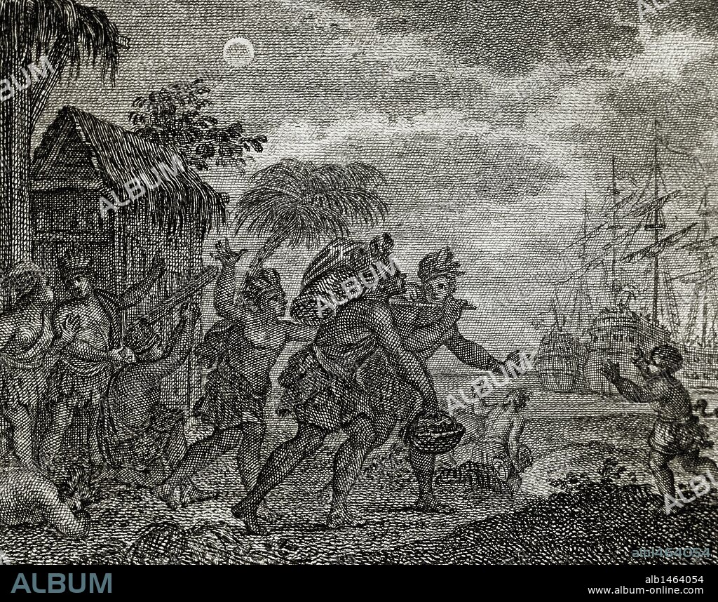 DESCUBRIMIENTO DE AMERICA. SIGLO XV. JAMAICA. La ísla fue descubierta por Cristóbal Colón en 1494, y el primer establecimiento español fué fundado en el año 1509. "Negándose los jamaicanos a dar víveres a Colón, en su segundo viaje, éste sabiendo que por la noche habría un eclípse de Luna, les dijo que Dios les negaría la luz y verificándose el eclipse, éstos le dieron abundantes provisiones". Grabado del año 1807. "Historia Verdadera de la Conquista de Nueva España". (Bernal Diaz del Castillo) .