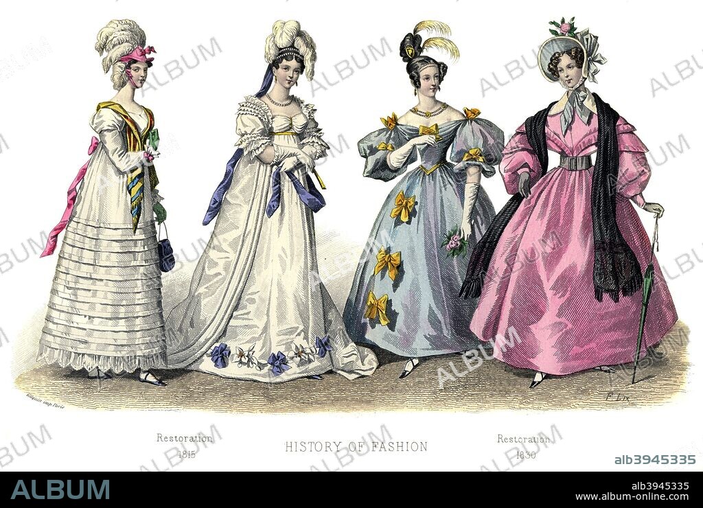 French costume: Restoration, (1882). Illustration showing costume from the period of the restoration of the French monarchy, 1815-1830, from The History Of Fashion In France by Augustin Challamel, Frances Cashel Hoey and John Lillie, (1882).