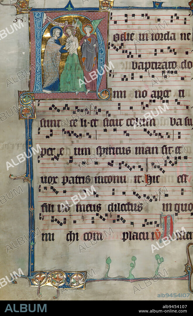 Beaupre Antiphonary, Vol. 3, Initial 'H' with Baptism of Christ as member of the Trinity, Illuminated in Hainaut ca. 1280 and completed in 1290, this collection of richly illuminated Cistercian manuscripts is a rare example of those being produced in Flanders at the end of the thirteenth century. Nineteen extant large historiated initials, flourished and decorated initials, and an abundance of amusing drolleries facilitate a liturgical narrative within the text. However, additions and removals within the text and imagery tells much about the use and history of the manuscript. This manuscript is the third volume of the three-volume set (volumes one and two are lost) destined for the prioress at the Cistercian abbey of Sainte-Marie at Beaupré (diocese of Cambrai). The liturgical contents of this volume provide musical settings from Christmas to Easter. Two sets of antiphonaries, each composed of three volumes, were originally created for the abbess and prioress of Beaupre.