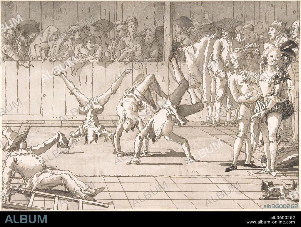 Scene of Contemporary Life: The Acrobats. Artist: Giovanni Domenico Tiepolo (Italian, Venice 1727-1804 Venice). Dimensions: 11-7/16 x 16-1/4 in.  (29 x 41.3 cm). Date: 1727-1804.
This amusing composition is one of a large group of finished independent drawings representing scenes of contemporary life that are certainly Domenico's most considerable achievement as a draughtsman. These genre scenes are all of the same large horizontal format, and the date 1791 appears on at least twenty of them. Two of the Met's acrobats, the actress holding a fan, and several of the spectators behind the barricade reappear in "Pulcinella e i saltimbanchi", one of Domenico's frescoes from the Villa Tiepolo at Zianigo, now in the Ca' Rezzonico, Venice. As Byam Shaw stated in 1962: "The drawing though not dated [or signed], is almost certainly of 1791, the fresco probably of 1793. The pentimenti in the legs of the men turning somersaults seem to confirm that the drawing is earlier and was probably used for the painting.".