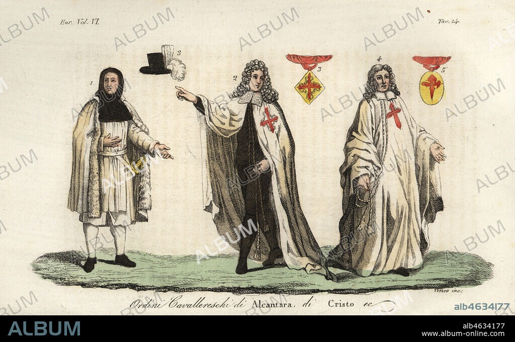 Knights of the Spanish Order of Alcantara, Knights of St. Julian, and the Portuguese Military Order of Christ. In ceremonial robes with emblems. Ordini Cavallereschi di Alcantara, di Cristo, etc. Handcoloured copperplate engraving by Verico after Giulio Ferrario in his Costumes Ancient and Modern of the Peoples of the World, Il Costume Antico e Modern o Story, Florence, 1829.