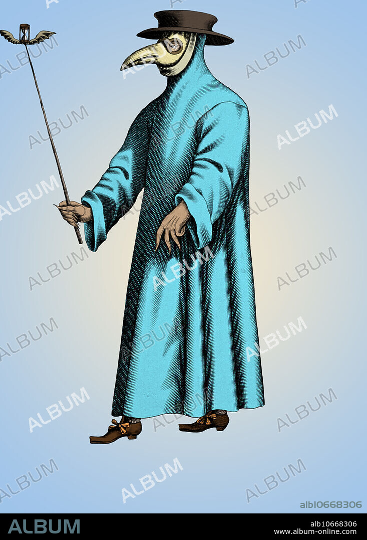 The beak doctor costume worn by plague doctors had a wide brimmed leather hood to indicate their profession. They used wooden canes to point out areas needing attention, to examine patients without touching them, to keep people away, and to remove clothing from plague victims without having to touch them. The mask had glass openings for the eyes and a curved beak shaped like that of a bird. The mask had two small nose holes and was a type of respirator which contained aromatic items; dried flowers, herbs, spices, camphor or a vinegar sponge. Doctors believed the herbs would counter the smells of the plague and prevent them from becoming infected.