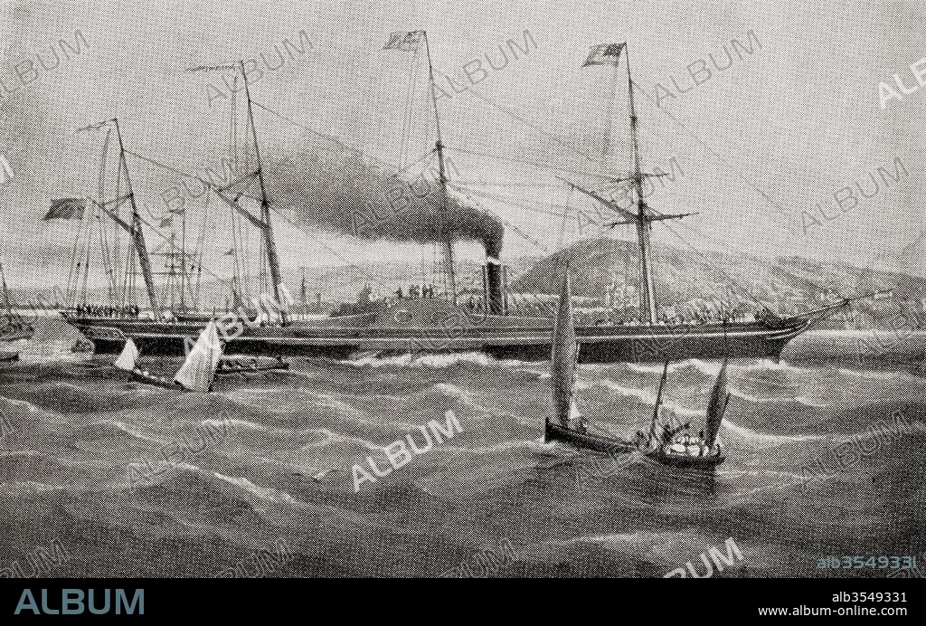 SS Great Western, an oak-hulled paddle-wheel steamship, the first to be purpose-built for crossing the Atlantic. She left Bristol on April 7 1838 and arrived in New York Harbour on April 23. From The Romance of the Merchant Ship, published 1931.