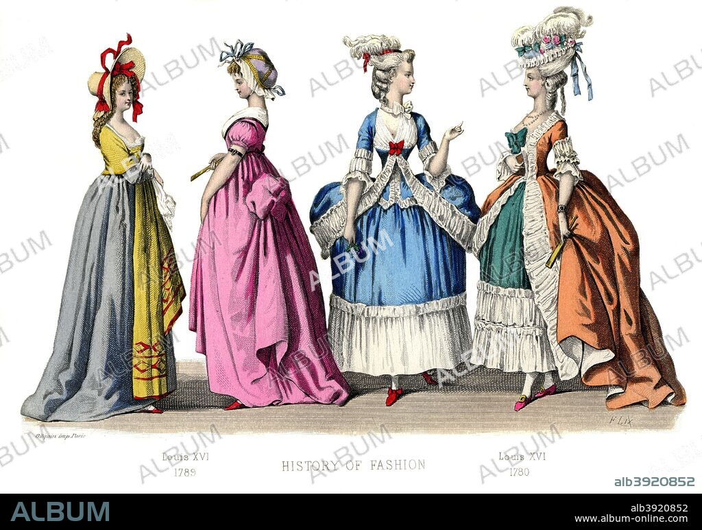 French costume: Louis XVI, (1882). Illustration showing costume from 1780-1789, from The History Of Fashion In France by Augustin Challamel, Frances Cashel Hoey and John Lillie, (1882).