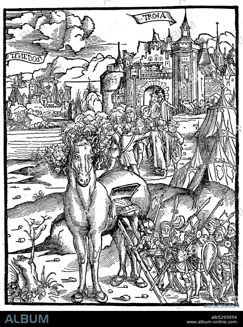 The Trojan horse. The Greeks get into the wooden horse at the siege of Troy  /  Das trojanische Pferd. Die Griechen steigen in das hoelzerne Pferd bei der Belagerung von Troja.
