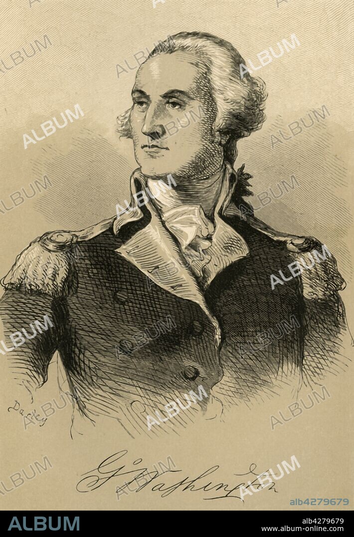 FELIX OCTAVIUS CARR DARLEY. 'G. Washington', (1877). Portrait of George Washington (1732-1799), general of the Continental troops during the Revolutionary War, and the first President of the United States. From "Our Country: a Household History for All Readers, from the Discovery of America to the Present Time", Volume 2, by Benson J. Lossing. [Johnson & Miles, New York, 1877].