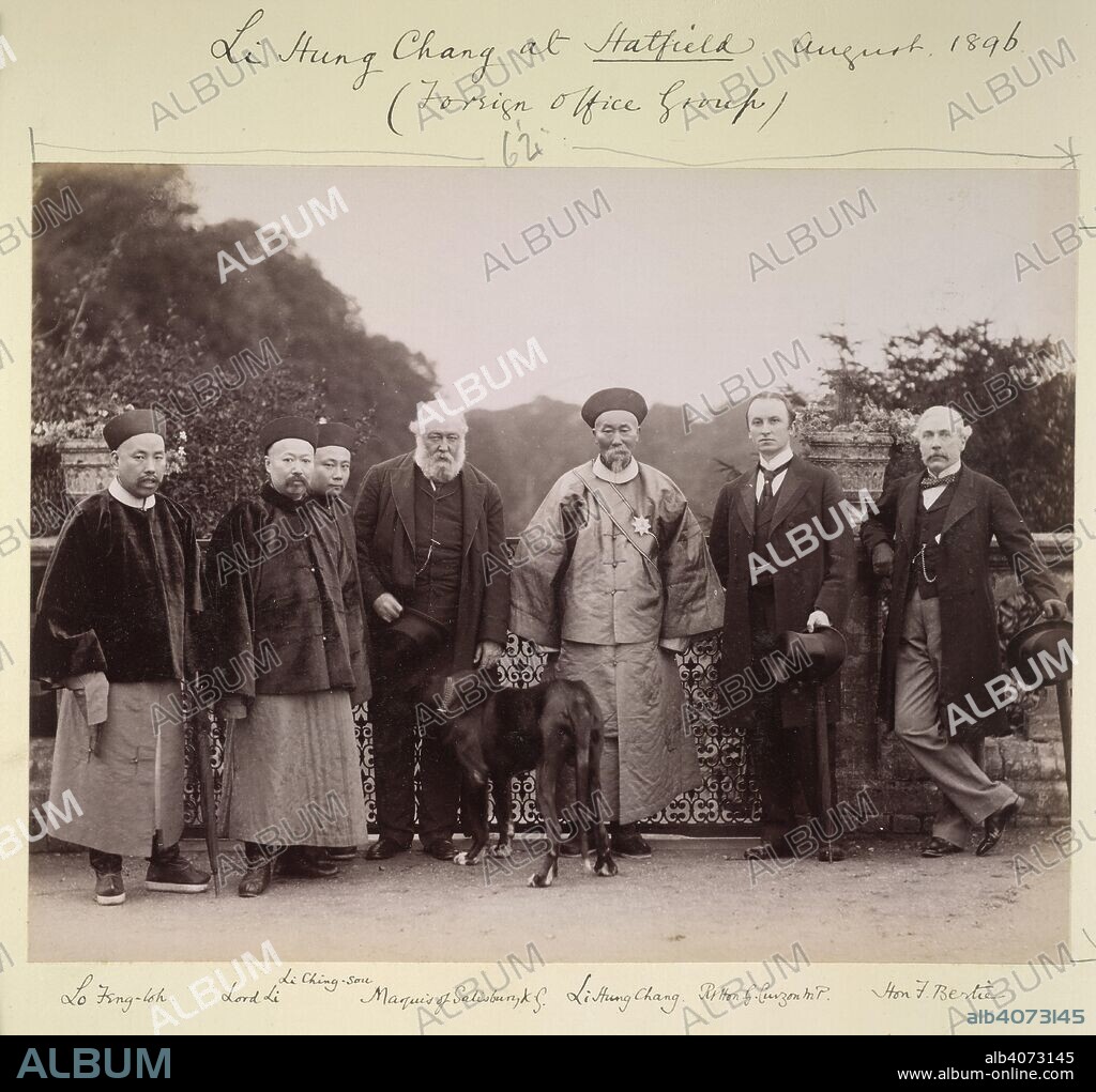 Li Hung Chang at Hatfield. August 1896. Li Hung Chang at Hatfield, August 1896 (Foreign Office Group). Chinese delegation with Lord Salisbury: 'Lo Feng-loh; Lord Li; Li Ching-sou; Marquis of Salisbury, KG; Li Hung Chang; Rt Hon G. Curzon, MP; Hon F. Bertie'.  Originally published/produced in August 1896. . Source: OIOC Photo 430/67(45),.
