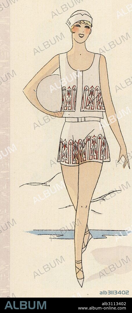 Woman in swimming costume worn by Mlle. Elvira Popesco at the Theatre de Paris. Handcolored pochoir (stencil) lithograph from the French luxury fashion magazine Art, Gout, Beaute, 1928.