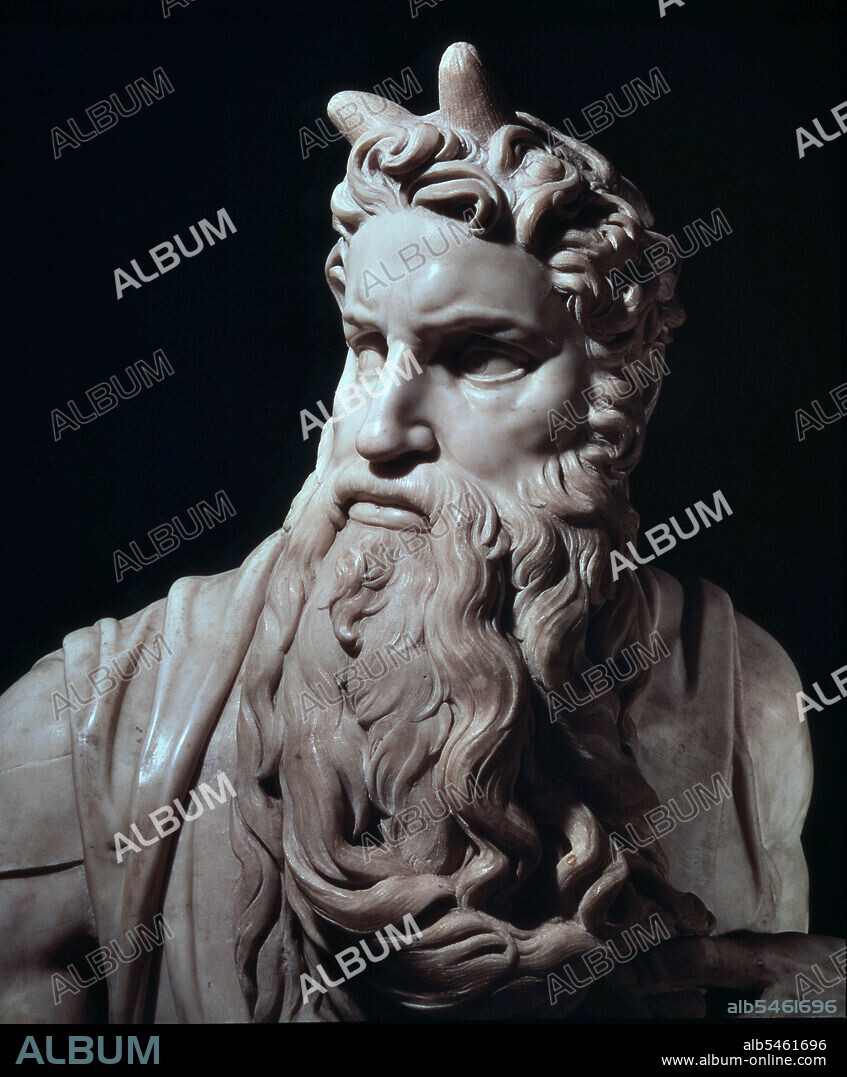 MICHELANGELO. MOISES. LIBERADOR Y LEGISLADOR DE ISRAEL. DETALLE DE LA ESCULTURA TUMBA DELPAPA JULIO II EN LA IGLESIA DE SAN PEDRO AD VINCULA DE ROMA.. OBRA DE MIGUEL ANGEL BUANARROTI.