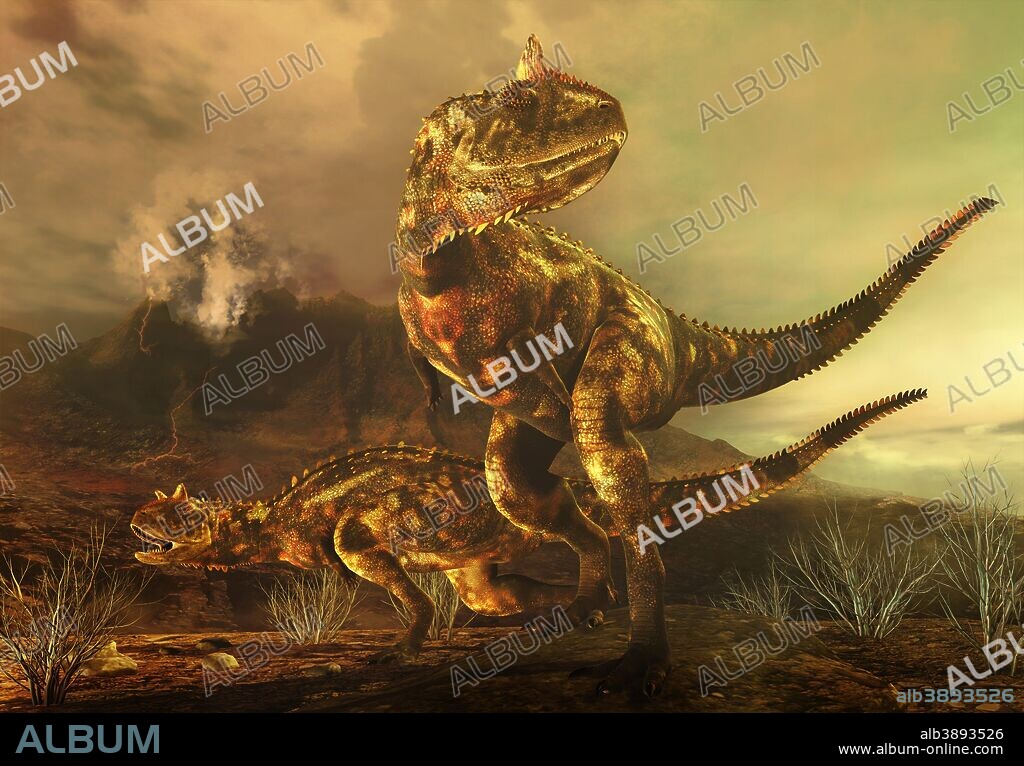 A pair of Carnotaurus dinosaurs on the prowl. Carnotaurus was a large theropod dinosaur that lived in South America during the Late Cretaceous period between 72 and 70 million years ago.