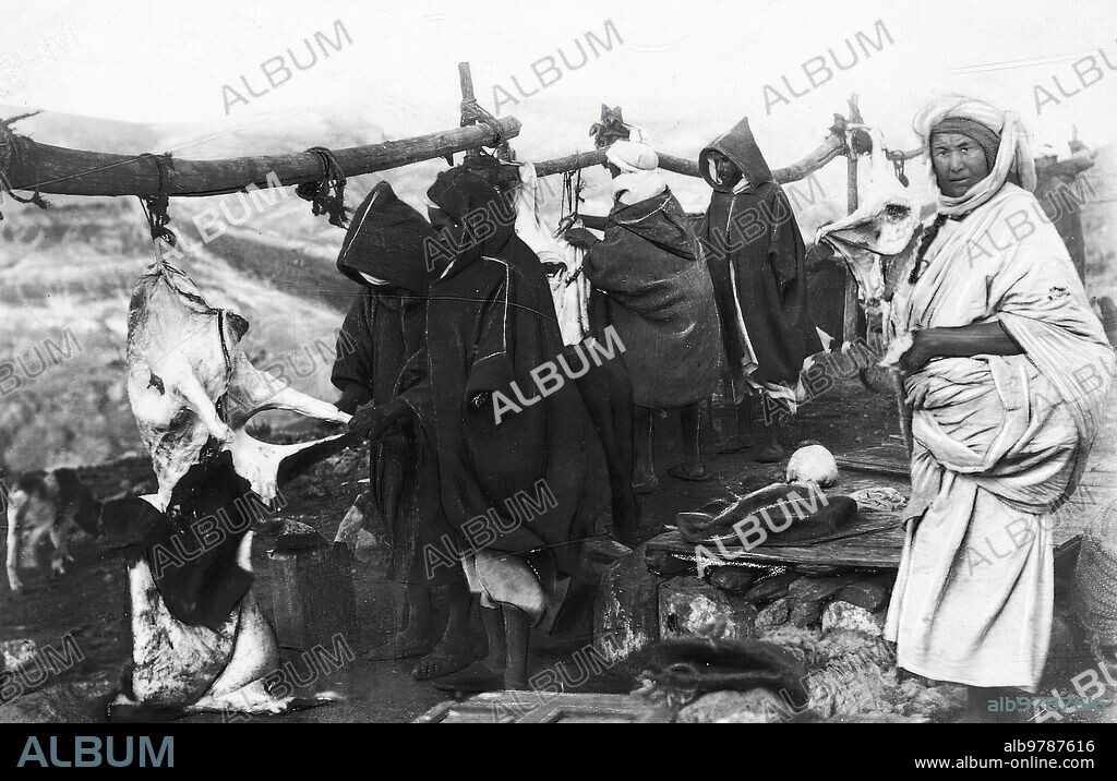 Rif (Morocco), November 1911. Rif customs. Outdoor butcher shop.