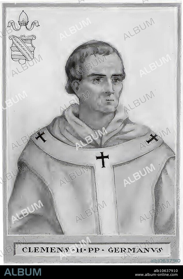 Clemens II, secular name Suitger, Suidger, Count of Morsleben and Hornburg (born 1005 in Hornburg) (died 9 October 1047 in the monastery of San Tommaso in Foglia in Apsella di Montelabbate), was Pope from 1046 to 1047, Historical, digitally restored reproduction from a 19th century original. century, Clement II, secular name Suitger, Count of Morsleben and Hornburg (born 1005 in Hornburg) (died 9 October 1047 in the monastery of San Tommaso in Foglia in Apsella di Montelabbate), was pope.