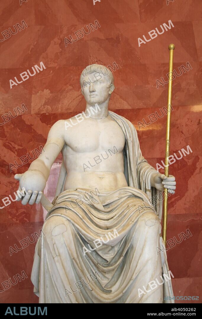 Statue of Augustus as Jupiter, first half of 1st century BC. Gaius Julius Caesar Octavianus (63 BC-14 AD) became one of a triumvirate of rulers after the death in 44 BC of Julius Caesar, his great-uncle, whose dictatorship had brought an end to the Roman republic. He became sole ruler in 31 BC after defeating Mark Anthony at the Battle of Actium, and in 27 BC proclaimed himself Emperor, adopting the title Caesar Augustus. Octavian's rule, which lasted until 14 AD, ended a century of civil strife and was a period of peace and prosperity in which Rome attained the height of its imperial power. Found in the collection of The Hermitage, St Petersburg.