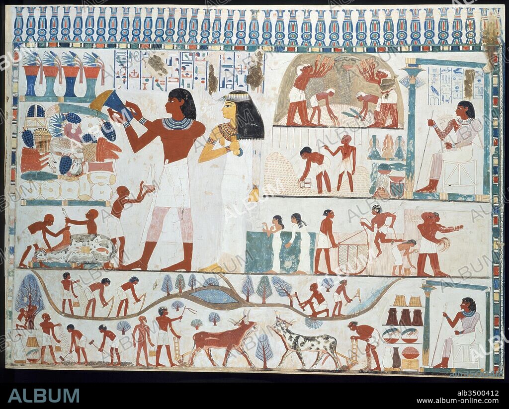 Agricultural Scenes, Tomb of Nakht, New Kingdom, Dynasty 18, ca. 1400–1390 B.C., From Egypt, Upper Egypt, Thebes, Tempera on paper, Facsimile H. 169 cm (66 9/16 in); w. 226 cm (89 in), Norman de Garis Davies (1865–1941), Lancelot Crane, This facsimile painting copies the south side of the east wall in the tomb of Nakht (TT 52) at Thebes.