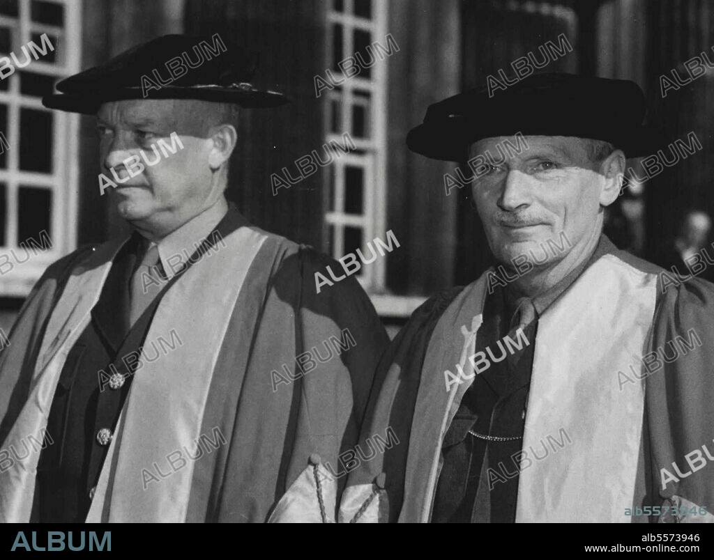 War Leaders Receive Degrees At Cambridge -- General Eisenhower (on left) and Viscount Montgomery in the Procession at the Senate House, Cambridge after the degrees had been conferred.D.D. Eisenhower, the U.S½ chief of Staff, and Field Marshal Viscount Montgomery Receive the Degree of Doctor of Law at Cambridge University today Oct. 11. October 11, 1946. (Photo by Associated Press Photo).