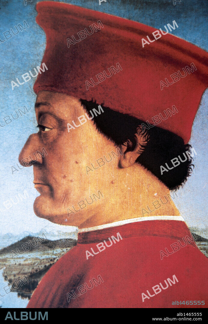FEDERICO II DE MONTEFELTRO (1422-1482). Condotiero italiano. Duque de Urbino (1444-1482). RETRATO en el "DIPTICO DE LOS SEÑORES DE URBINO" (1465), de PIERO DELLA FRANCESCA (h.1420-1492). Galería de los Uffizi. Florencia. Italia.