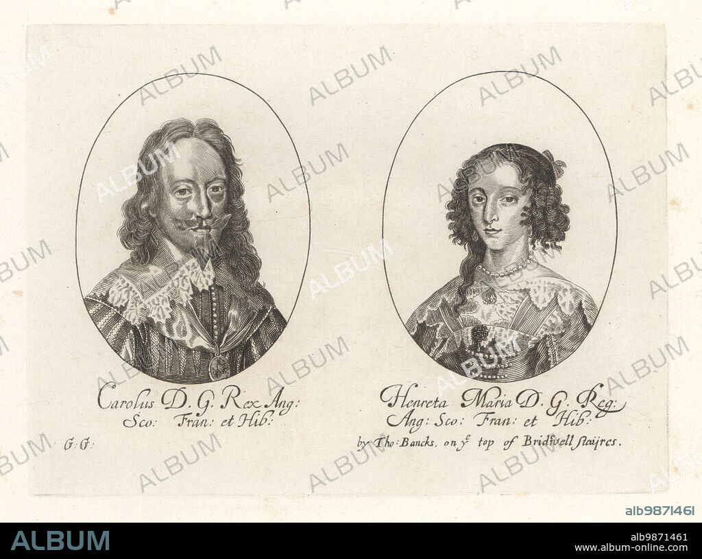 Oval portaits of Charles I, 1600-1649. and Henrietta Maria, 1609-1669, king and queen of England, Scotland, France and Ireland. Carolus DG Rex Ang Sco Fran et Hib. Henreta Maria DG Reg Ang Sco Fran et Hib. From a scarce print by George Glover sold by Thomas Bancks on top of Bridewell Stairs. Copperplate engraving from Samuel Woodburns Gallery of Rare Portraits Consisting of Original Plates, George Jones, 102 St Martins Lane, London, 1816.