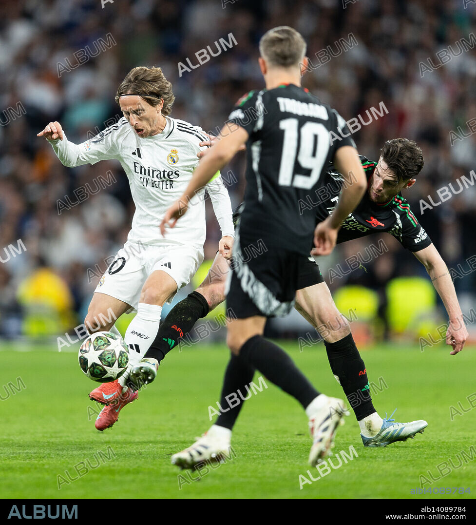 Madrid, April 16, 2025. UEFA Champions League quarterfinal second leg at the Santiago Bernabéu Stadium, between Real Madrid and Arsenal, with the English team winning 1-2. Modric is pictured. Photo: Ignacio Gil. ARCHDC.