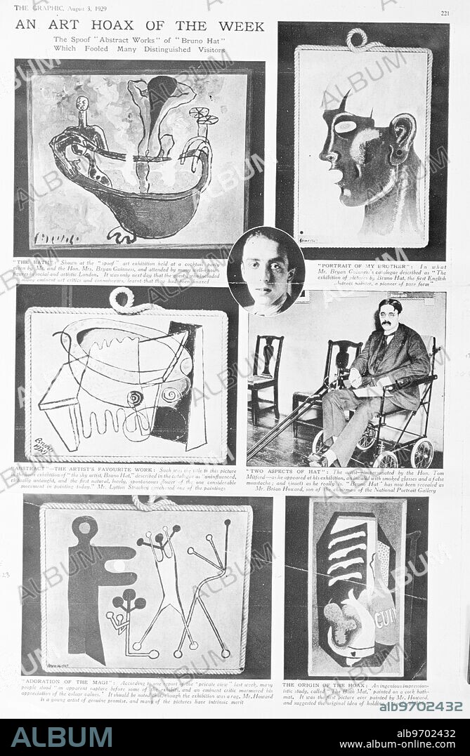 Bruno Hat exhibition - The Graphic. "An art hoax of the week". Shown at the spoof art exhibition held at a cocktail party given by Mr and the Hon Mrs Bryan Guinness. The artist-impersonated by the Hon Tom Mitford-as he appeared at his exhibition, an invalid with smoked glasses and a false moustache. "Bruno Hat" has now been revealed as Mr Brian Howard, son of the chairman of the National Portrait Gallery. Mr Lytton Strachey purchase one of the paintings. (Marie-Jacqueline Lancaster). 3 August 1929.