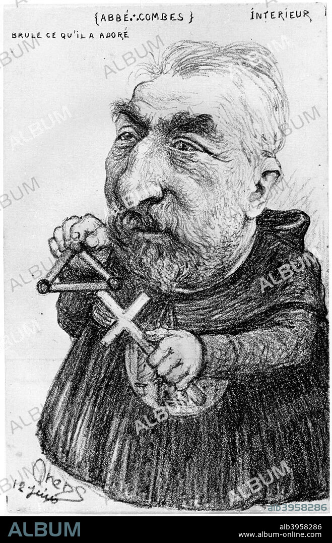 Emile Combes, French politician, 20th century. Combes (1835-1921) was Prime Minister of France from 1902-1905. An anti-clericalist and a Freemason, he was responsible for setting France on the road to the separation of church and state. Under his ministry some 10,000 religious schools were closed and many priests and nuns fled the country fearing persecution. French postcard.