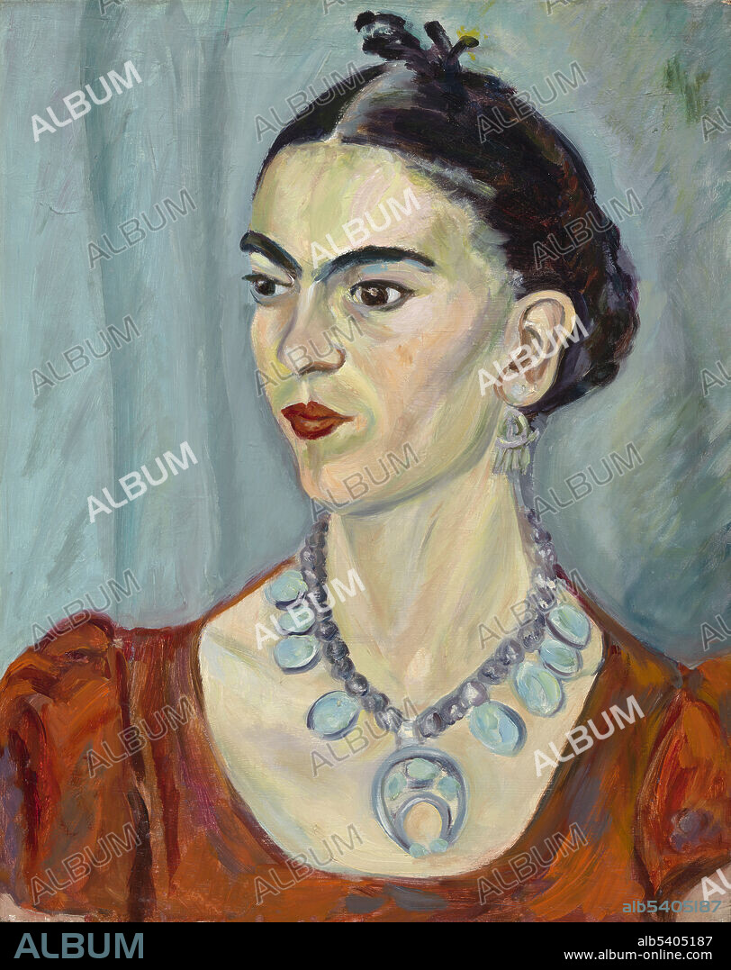 Frida Kahlo de Rivera (July 6, 1907 - July 13, 1954) was a Mexican artist. In 1927, she joined the Mexican Communist Party, where she met Diego Rivera, whom she married in 1928. During the late 1920s and early 1930s, she developed her own style as an artist, drawing inspiration from Mexican folk culture, and painting mostly self-portraits which mixed elements from pre-Columbian and Catholic mythology. Throughout the 1940s, Kahlo participated in exhibitions in Mexico and the United States. She was a founding member of the Seminario de Cultura Mexicana.  Kahlo is regarded as an icon for Chicanos, feminism and the LGBTQ movement. Oil on canvas by Magda Each, 1933.