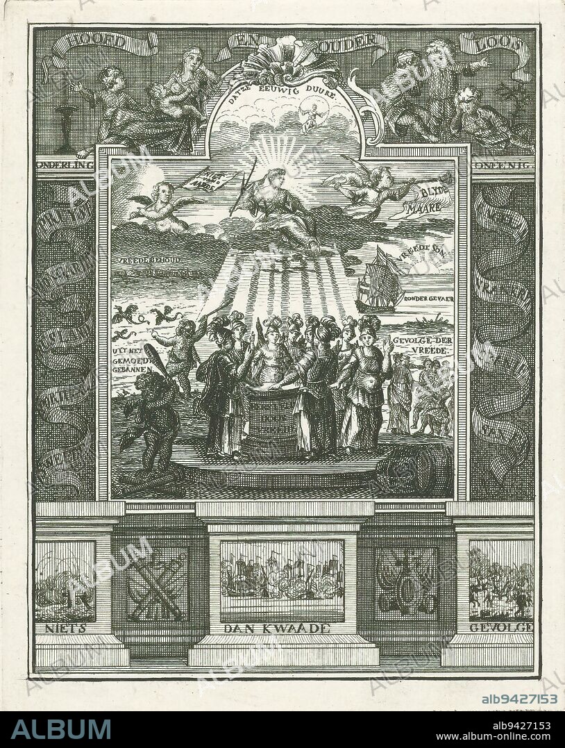 Zinneprent on the Peace of Hubertusburg, 15 February 1763, Allegory of the Peace of Hubertusburg, 15 February 1763, which ended the Seven Years' War. Allegorical representation in which the country majors of the warring parties take the oath at the altar of peace. In the clouds Peace and putti., print maker: anonymous, Northern Netherlands, 1763, paper, etching, height 175 mm × width 138 mm.