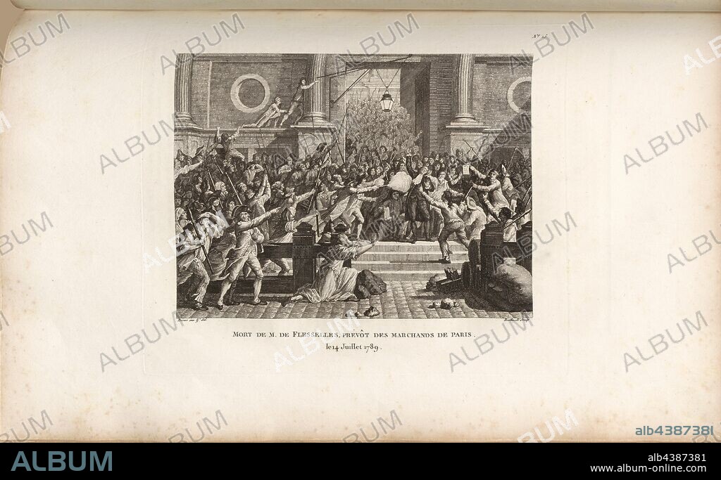 Death of M. de Flesselles, provost of the merchants of Paris July 14, 1789, Shooting of Jacques de Flesselles in front of the Paris City Hall on July 14, 1789, signed: Prieur inv. Et del, Berthault sculp, Fig. 25, no. 15, after p. 60 (Quinzième tableau), Prieur, Jean-Louis (inv. et del.); Berthault, Pierre-Gabriel (sc.), Collection complète des tableaux historiques de la Révolution française en trois volumes [...]. Bd. 1. A Paris: chez Auber, Editeur, et seul Propriétaire: de l'Imprimerie de Pierre Didot l'aîné, an XI de la République Francçaise M. DCCCII.